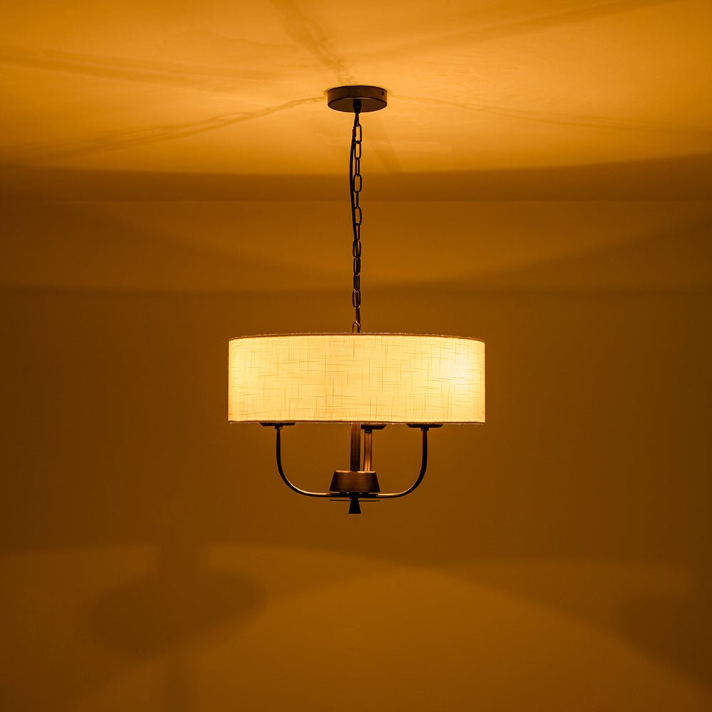 Traditional 3-Light Matte Black Fabric Drum Pendant, Dimmable, Adjustable Chain
