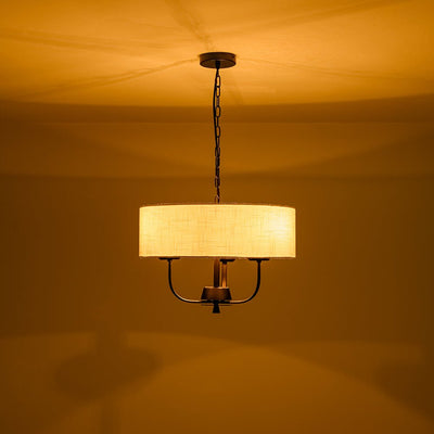Traditional 3-Light Matte Black Fabric Drum Pendant, Dimmable, Adjustable Chain
