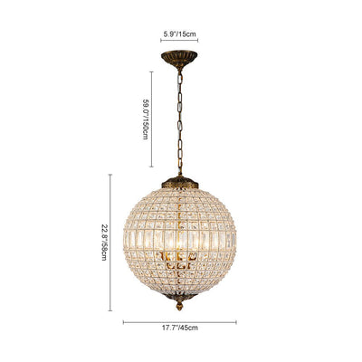 Luxury 3-Light Crystal Globe Pendant Chandelier, Antique Brass Dimmable Fixture