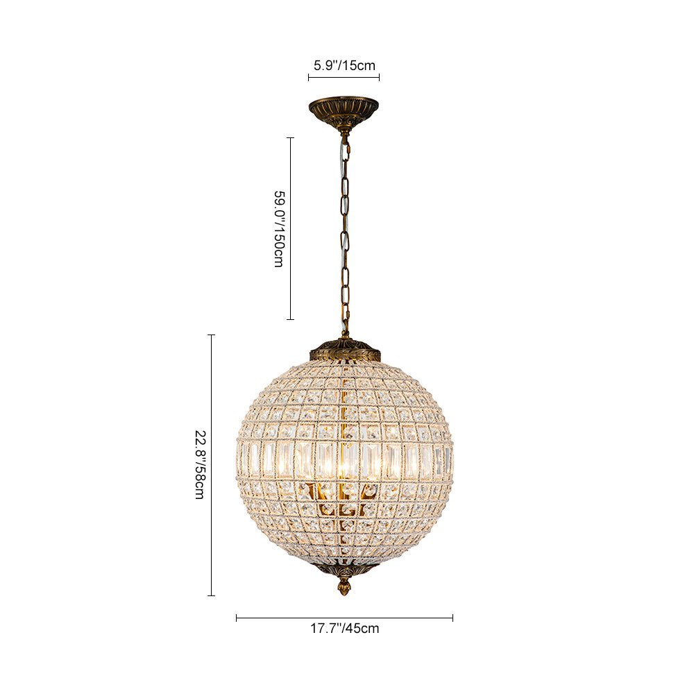 Elegant Faceted Crystal Globe Pendant Chandelier: Antique Brass, Entangled Beads, Dimmable