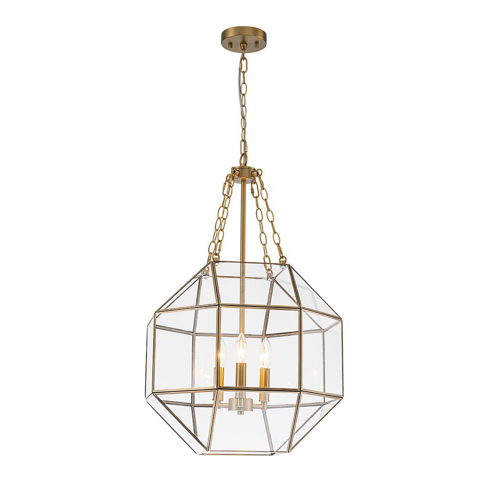 Vintage Brass Geometric Lantern Pendant Light, 3-Light Dimmable Ceiling Fixture