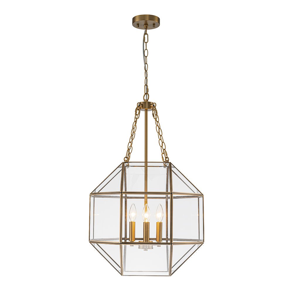 Vintage Brass Geometric Lantern Pendant Light, 3-Light Dimmable Ceiling Fixture