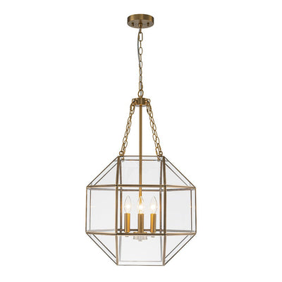 Vintage Brass Geometric Lantern Pendant Light, 3-Light Dimmable Ceiling Fixture