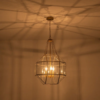 Vintage Brass Geometric Lantern Pendant Light, 3-Light Dimmable Ceiling Fixture