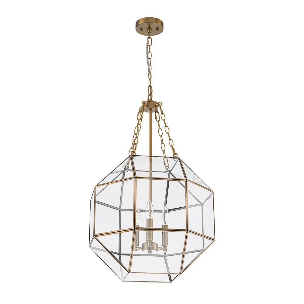 Vintage Brass Geometric Lantern Pendant Light, 3-Light Dimmable Ceiling Fixture
