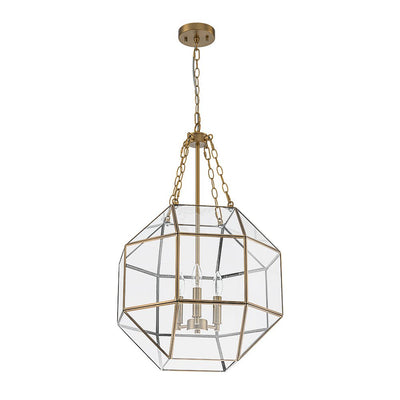Vintage Brass Geometric Lantern Pendant Light, 3-Light Dimmable Ceiling Fixture