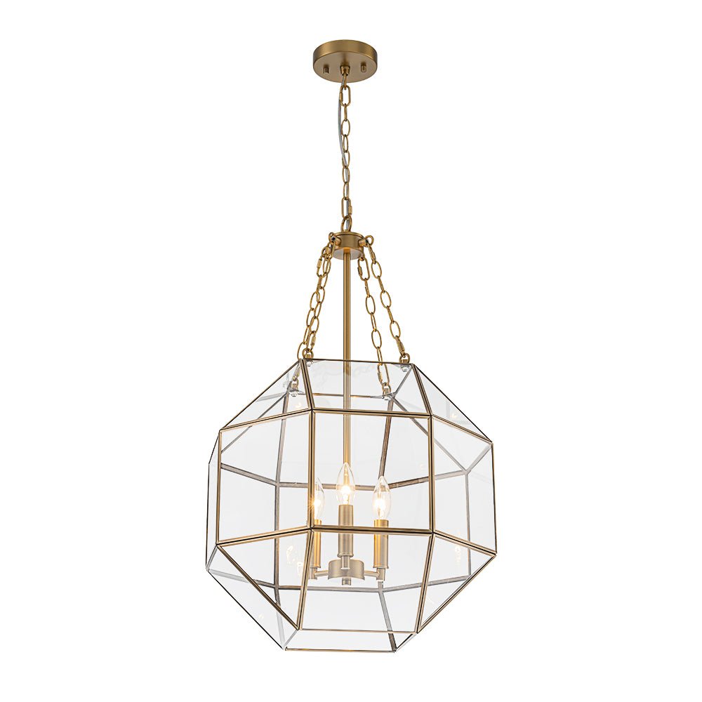 Vintage Brass Geometric Lantern Pendant Light, 3-Light Dimmable Ceiling Fixture