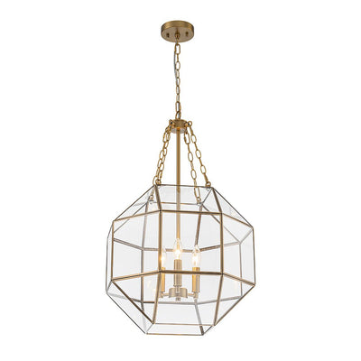 Vintage Brass Geometric Lantern Pendant Light, 3-Light Dimmable Ceiling Fixture