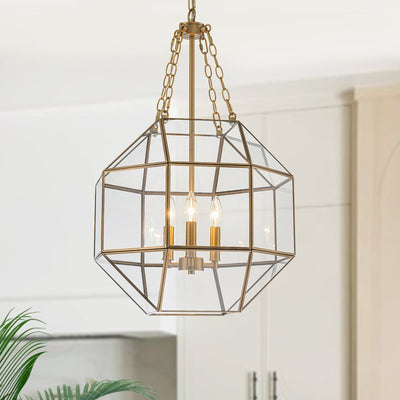 Vintage Brass Geometric Lantern Pendant Light, 3-Light Dimmable Ceiling Fixture