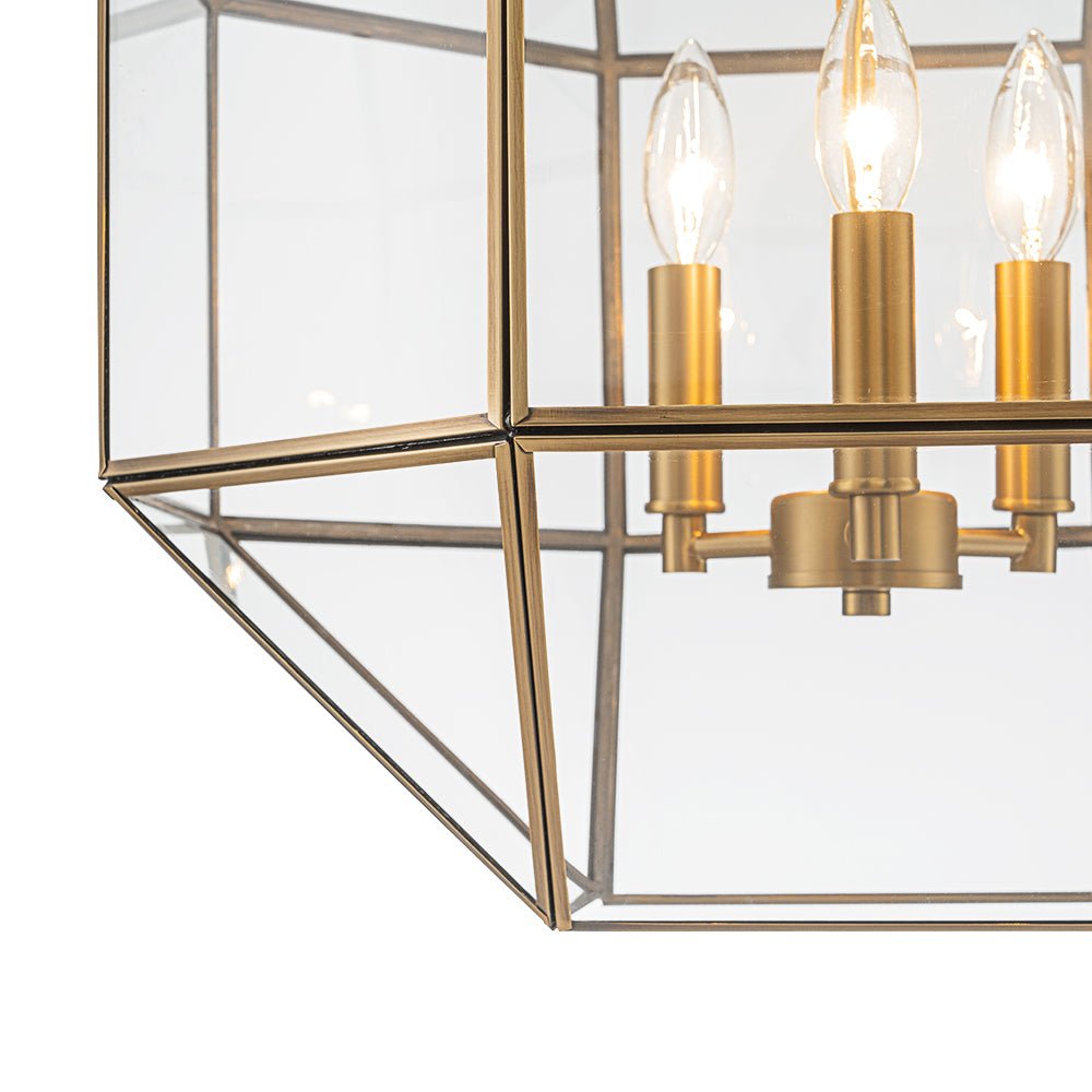 Vintage Brass Geometric Lantern Pendant Light, 3-Light Dimmable Ceiling Fixture