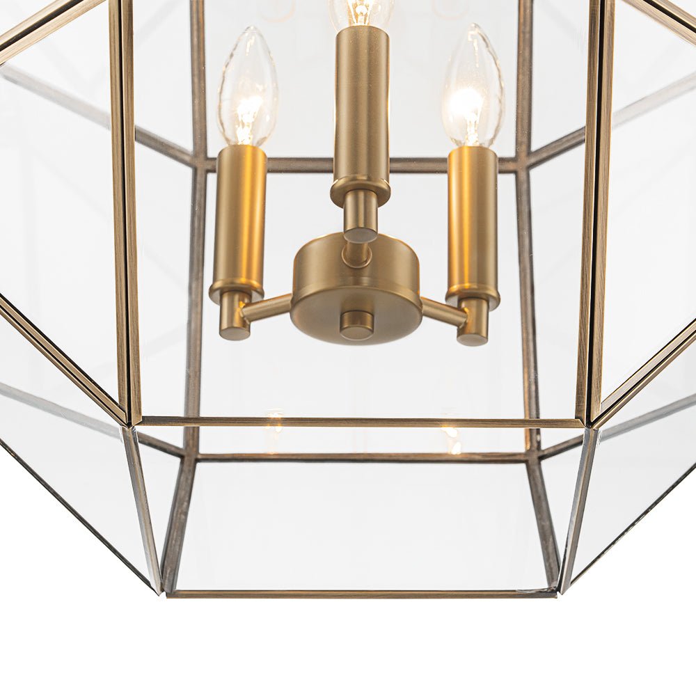 Vintage Brass Geometric Lantern Pendant Light, 3-Light Dimmable Ceiling Fixture