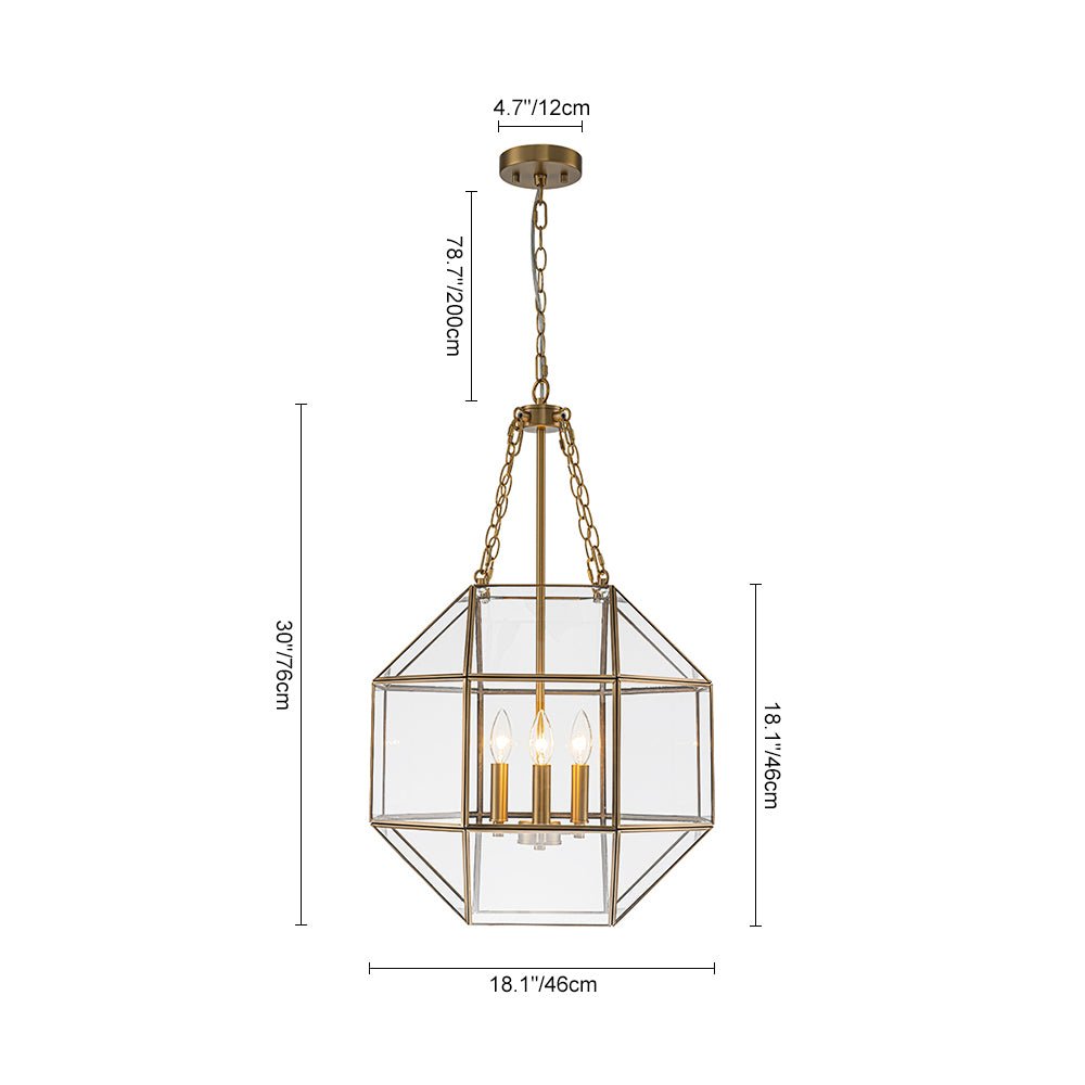 Vintage Brass Geometric Lantern Pendant Light, 3-Light Dimmable Ceiling Fixture
