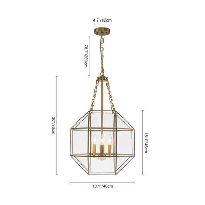 Vintage Brass Geometric Lantern Pendant Light, 3-Light Dimmable Ceiling Fixture