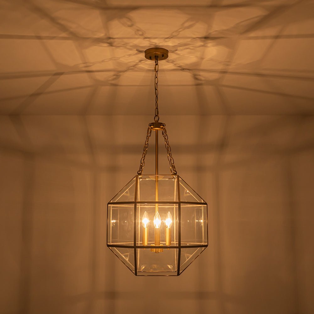 Vintage Brass Geometric Lantern Pendant Light, 3-Light Dimmable Ceiling Fixture