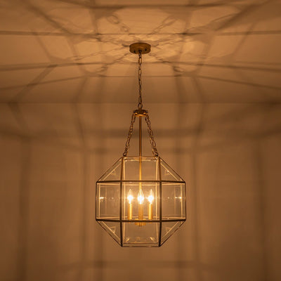 Vintage Brass Geometric Lantern Pendant Light, 3-Light Dimmable Ceiling Fixture