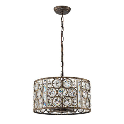 Elegant Vintage Mottled 4-Light Crystal Drum Pendant, Antique Bronze Finish