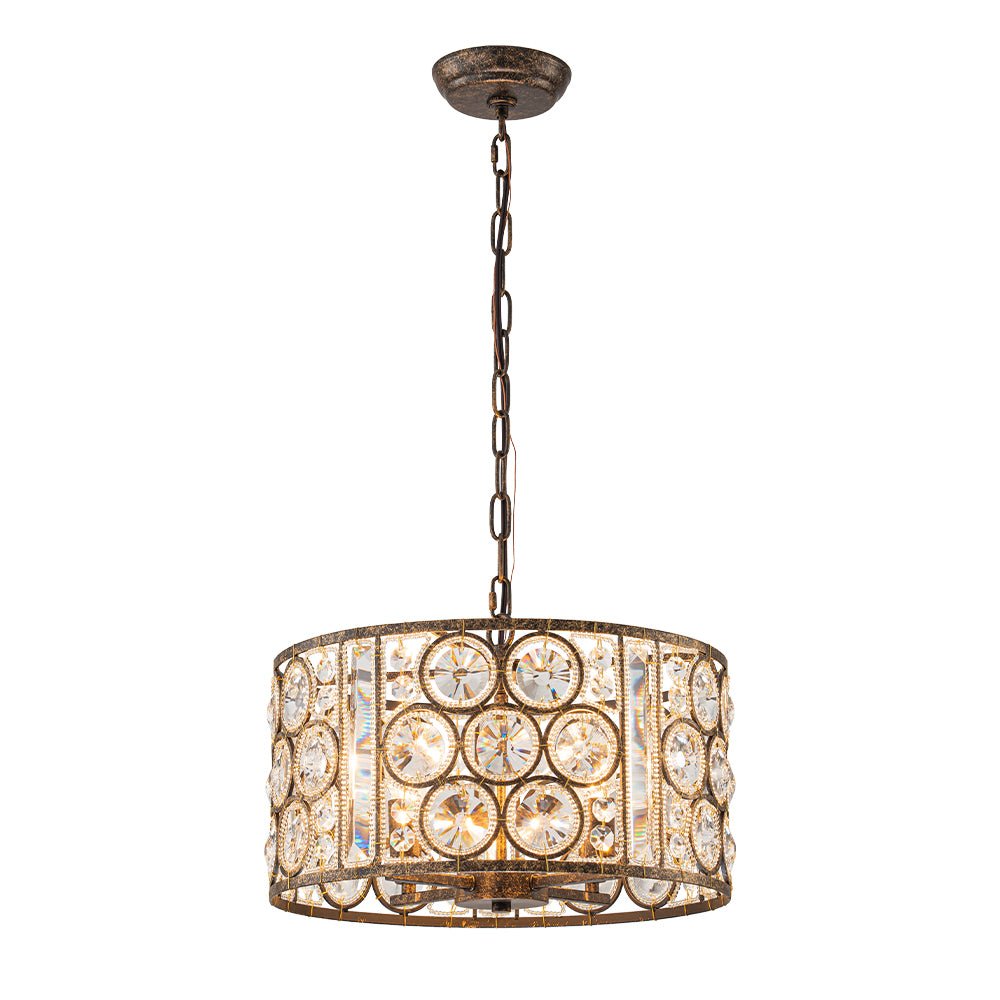 Elegant Vintage Mottled 4-Light Crystal Drum Pendant, Antique Bronze Finish