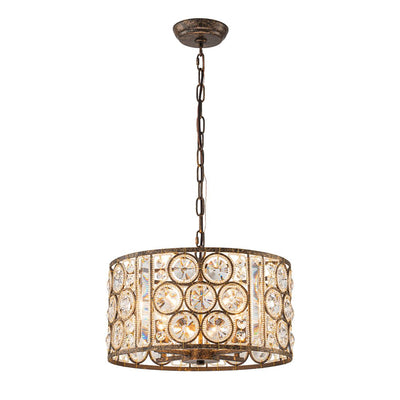 Elegant Vintage Mottled 4-Light Crystal Drum Pendant, Antique Bronze Finish