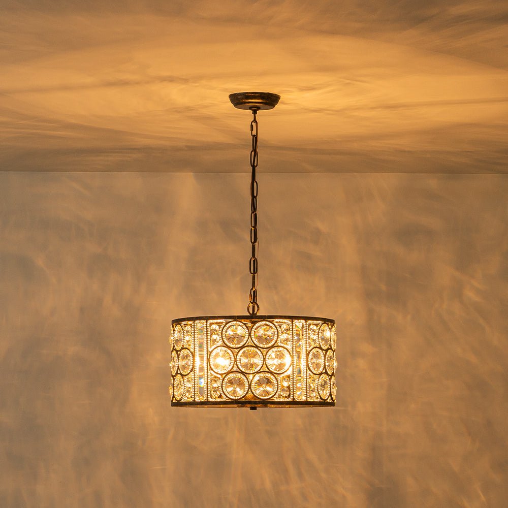 Elegant Vintage Mottled 4-Light Crystal Drum Pendant, Antique Bronze Finish