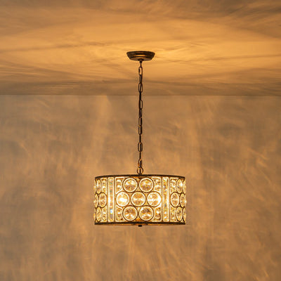 Elegant Vintage Mottled 4-Light Crystal Drum Pendant, Antique Bronze Finish