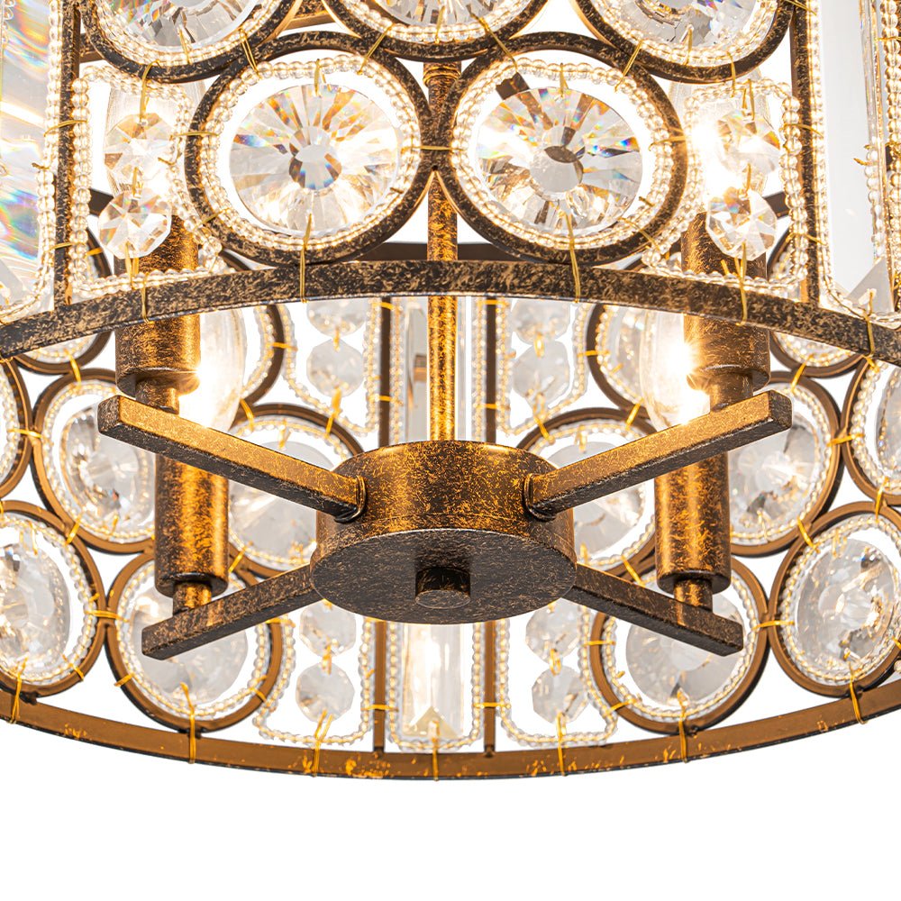 Elegant Vintage Mottled 4-Light Crystal Drum Pendant, Antique Bronze Finish