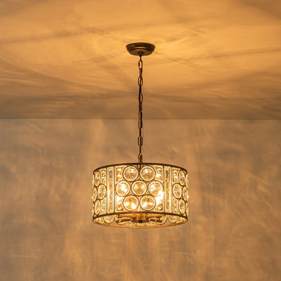 Elegant Vintage Mottled 4-Light Crystal Drum Pendant, Antique Bronze Finish