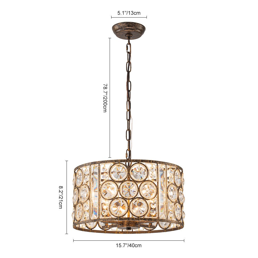 Elegant Vintage Mottled 4-Light Crystal Drum Pendant, Antique Bronze Finish