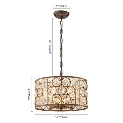 Elegant Vintage Mottled 4-Light Crystal Drum Pendant, Antique Bronze Finish