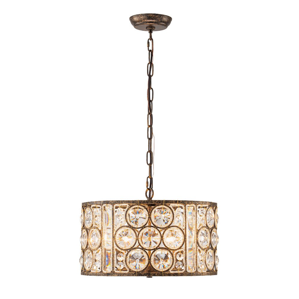 Elegant Vintage Mottled 4-Light Crystal Drum Pendant, Antique Bronze Finish