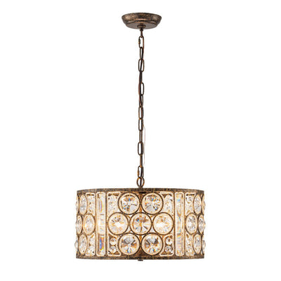 Elegant Vintage Mottled 4-Light Crystal Drum Pendant, Antique Bronze Finish