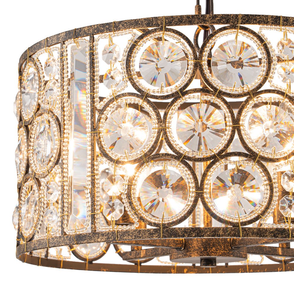 Elegant Vintage Mottled 4-Light Crystal Drum Pendant, Antique Bronze Finish