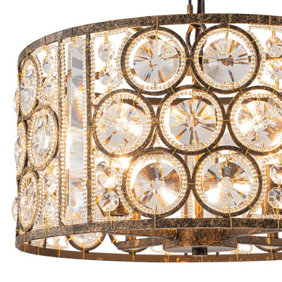 Elegant Vintage Mottled 4-Light Crystal Drum Pendant, Antique Bronze Finish
