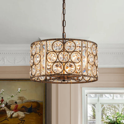 Elegant Vintage Mottled 4-Light Crystal Drum Pendant, Antique Bronze Finish