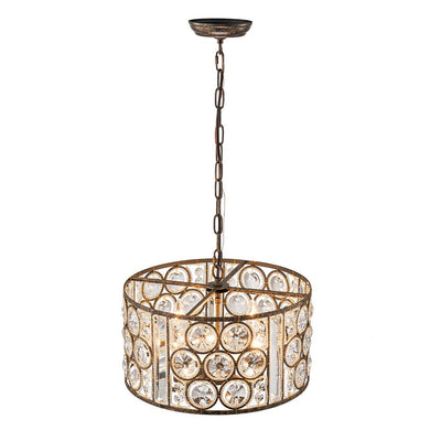 Elegant Vintage Mottled 4-Light Crystal Drum Pendant, Antique Bronze Finish