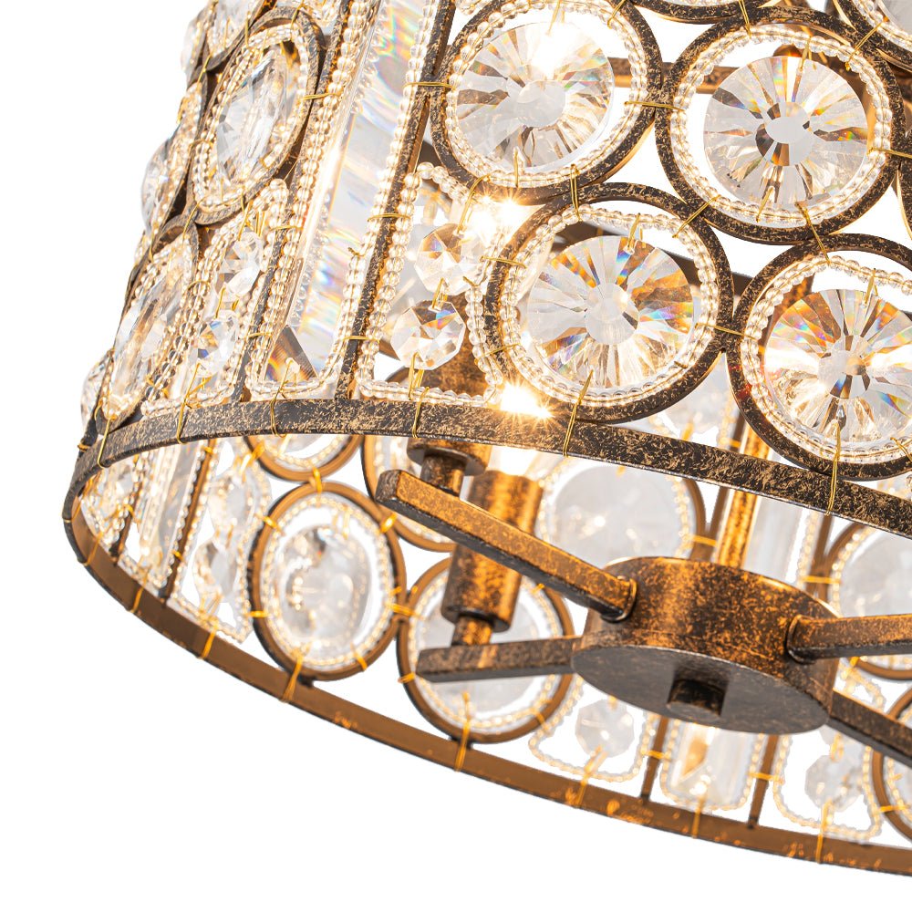 Elegant Vintage Mottled 4-Light Crystal Drum Pendant, Antique Bronze Finish