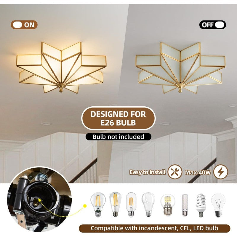 Large Art Deco Star Ceiling Light, 19.5" Flush Mount Brass Fixture for Living Room & Bedroom