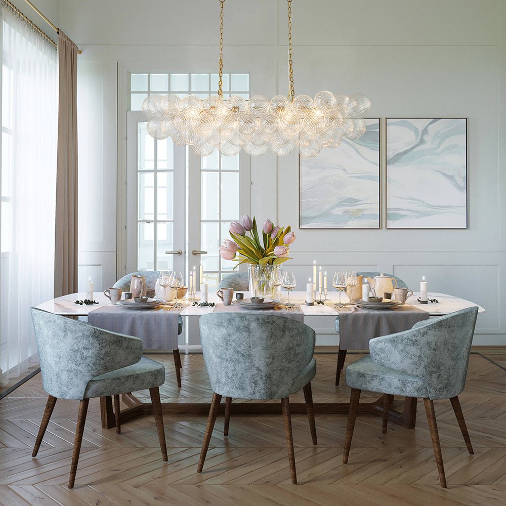 Brass Cluster Ribbed Glass Globe Bubble Linear Chandelier