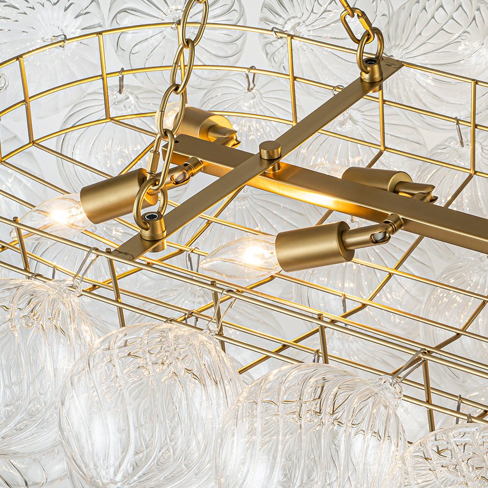 Brass Cluster Ribbed Glass Globe Bubble Linear Chandelier