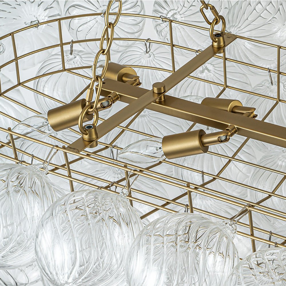 Brass Cluster Ribbed Glass Globe Bubble Linear Chandelier