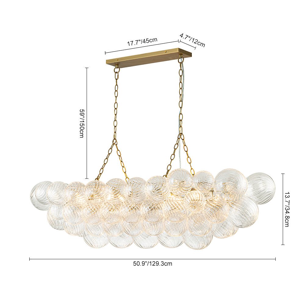 Brass Cluster Ribbed Glass Globe Bubble Linear Chandelier