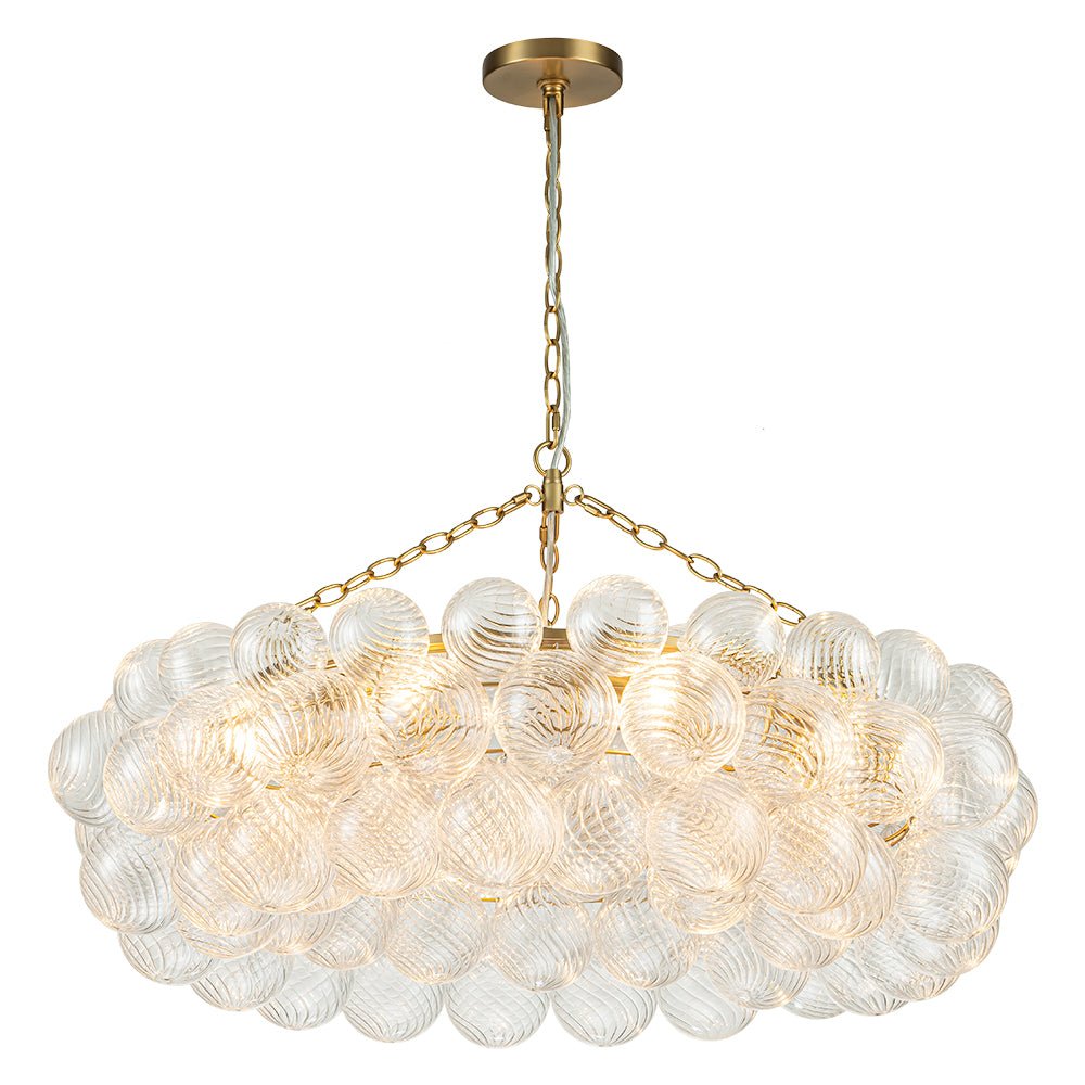 Brass Halo Ribbed Glass Globe Bubble Ring Chandelier