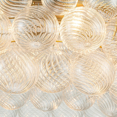 Brass Halo Ribbed Glass Globe Bubble Ring Chandelier