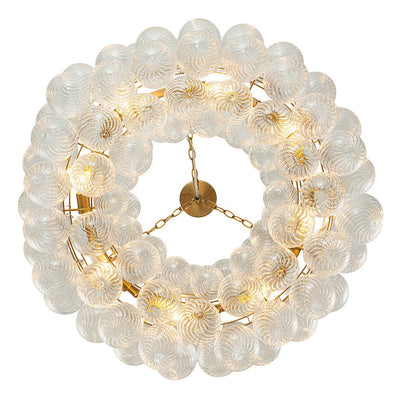 Brass Halo Ribbed Glass Globe Bubble Ring Chandelier