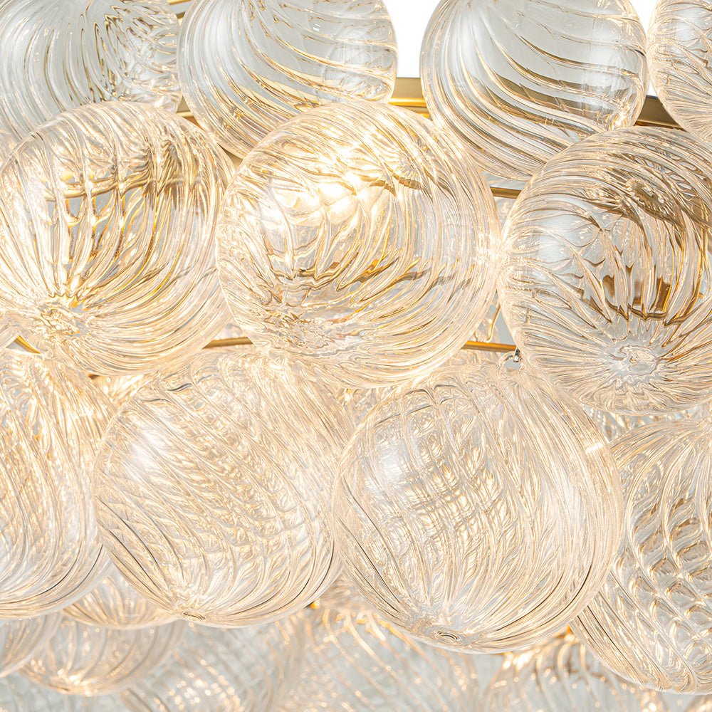 Brass Halo Ribbed Glass Globe Bubble Ring Chandelier