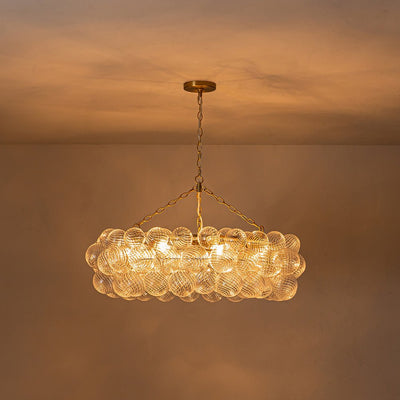 Brass Halo Ribbed Glass Globe Bubble Ring Chandelier