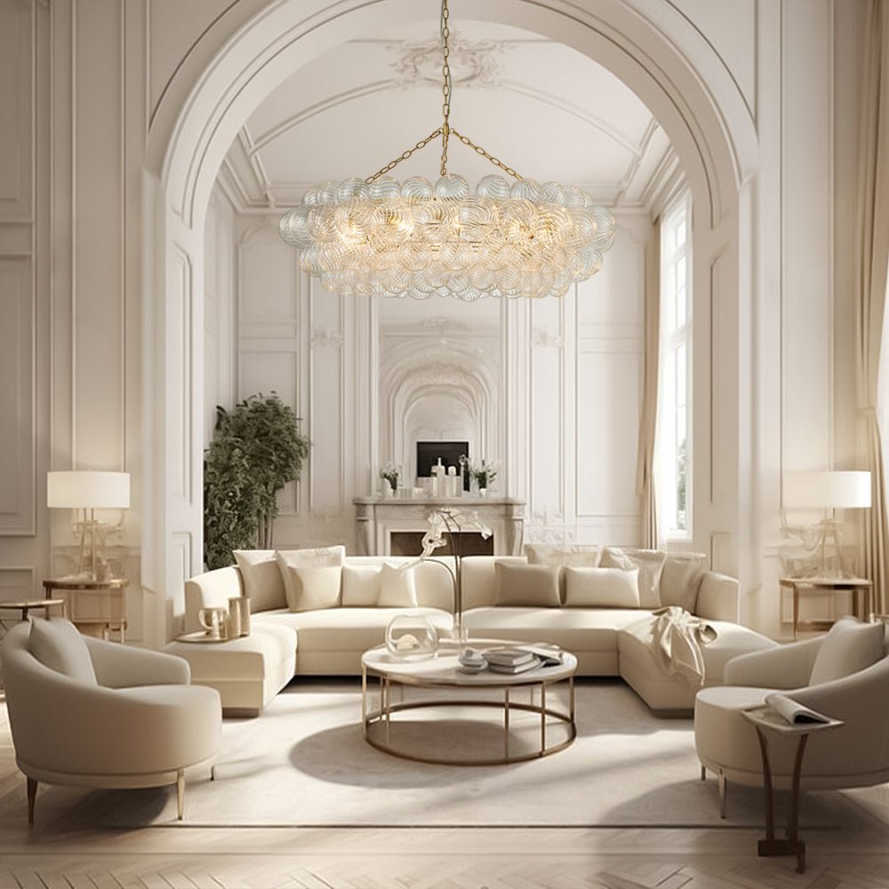 Brass Halo Ribbed Glass Globe Bubble Ring Chandelier