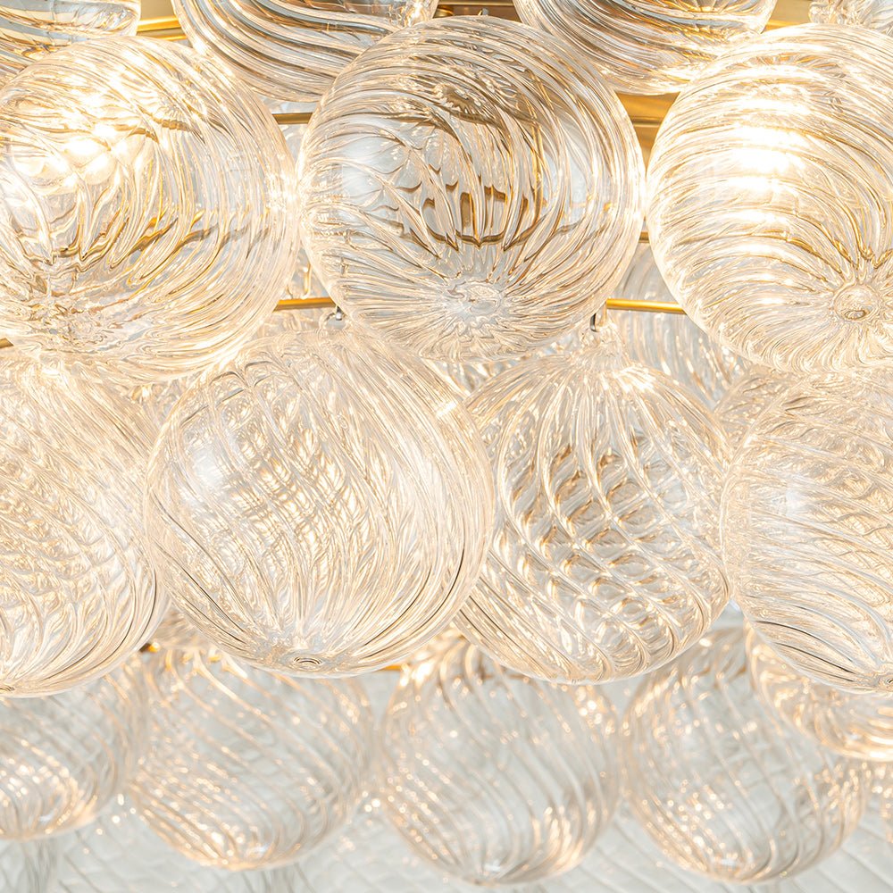 Brass Halo Ribbed Glass Globe Bubble Ring Chandelier
