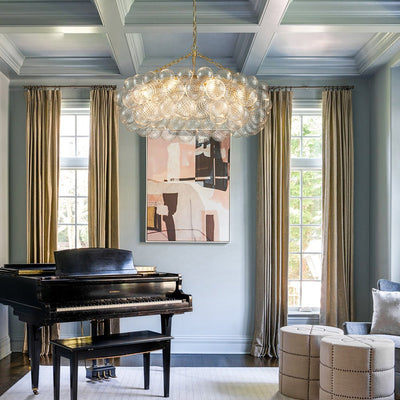 Brass Halo Ribbed Glass Globe Bubble Ring Chandelier